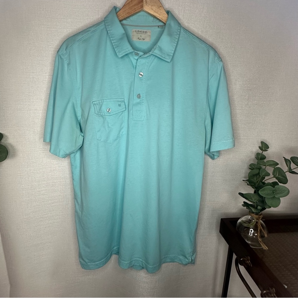 Linksoul John Ashworth & Co Mens Aqua Blue 100%LuxuryCotton Short Sleeve Polo L